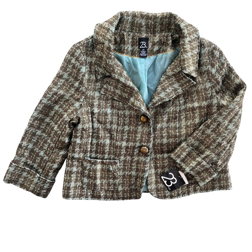 23rd Street Midas Touch Women XL Aqua Brown Gold Shiny Plaid Tweed Blazer Jacket